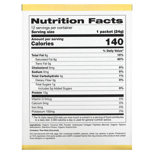 California Gold Nutrition, Superfoods, Collagen Coconut Creamer with Organic Coconut Milk Powder, and Hydrolysed Collagen Peptides, Unsweetened, 12 Packets 0.85 oz (24 g) Each