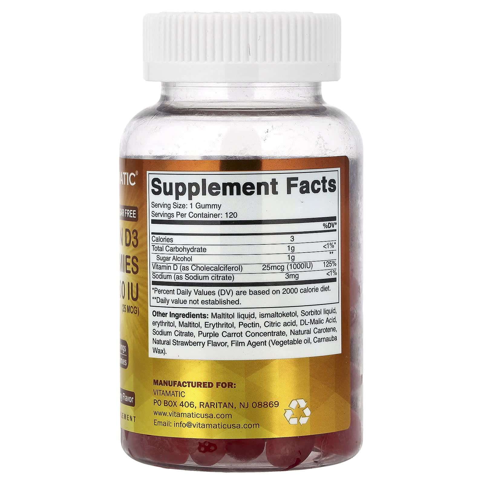 Vitamatic, Vitamin D3 Gummies, Natural Strawberry, 1,000 IU (25 mcg), 120 Gummies