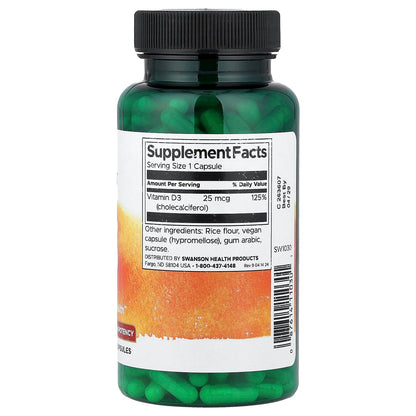 Swanson Vitamins, Vitamin D3, High Potency, 25 mcg (1,000 IU), 250 Capsules