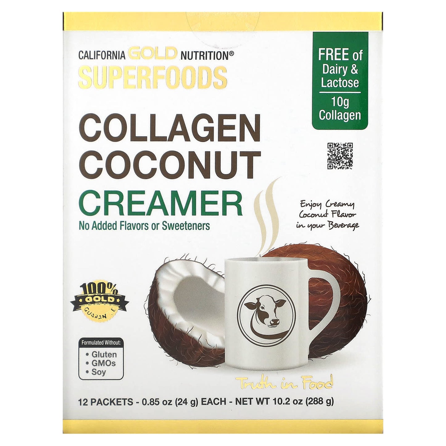 California Gold Nutrition, Superfoods, Collagen Coconut Creamer with Organic Coconut Milk Powder, and Hydrolysed Collagen Peptides, Unsweetened, 12 Packets 0.85 oz (24 g) Each