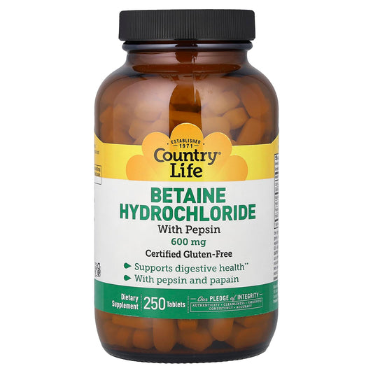 Country Life, Betaine Hydrochloride with Pepsin, 250 Tablets