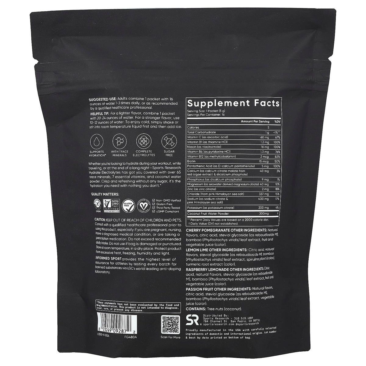 Sports Research Hydrate Electrolytes Variety Pack 16 Packets