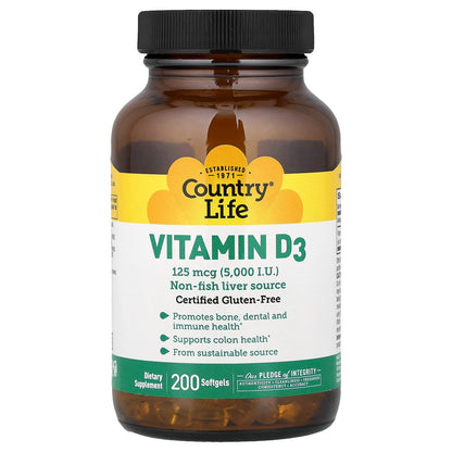 Country Life Vitamin D3 125 mcg (5,000 IU) 200 Softgels