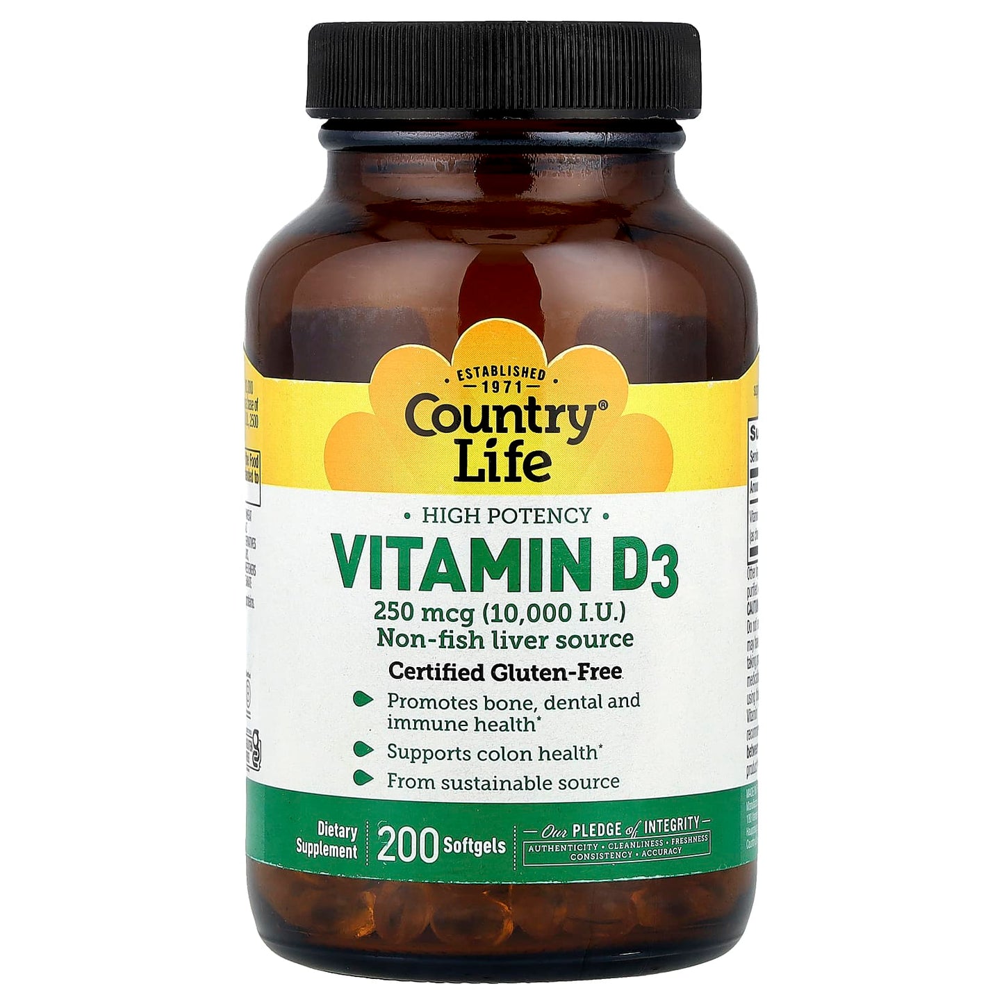 Country Life, Vitamin D3, High Potency, 250 mcg (10,000 IU), 200 Softgels