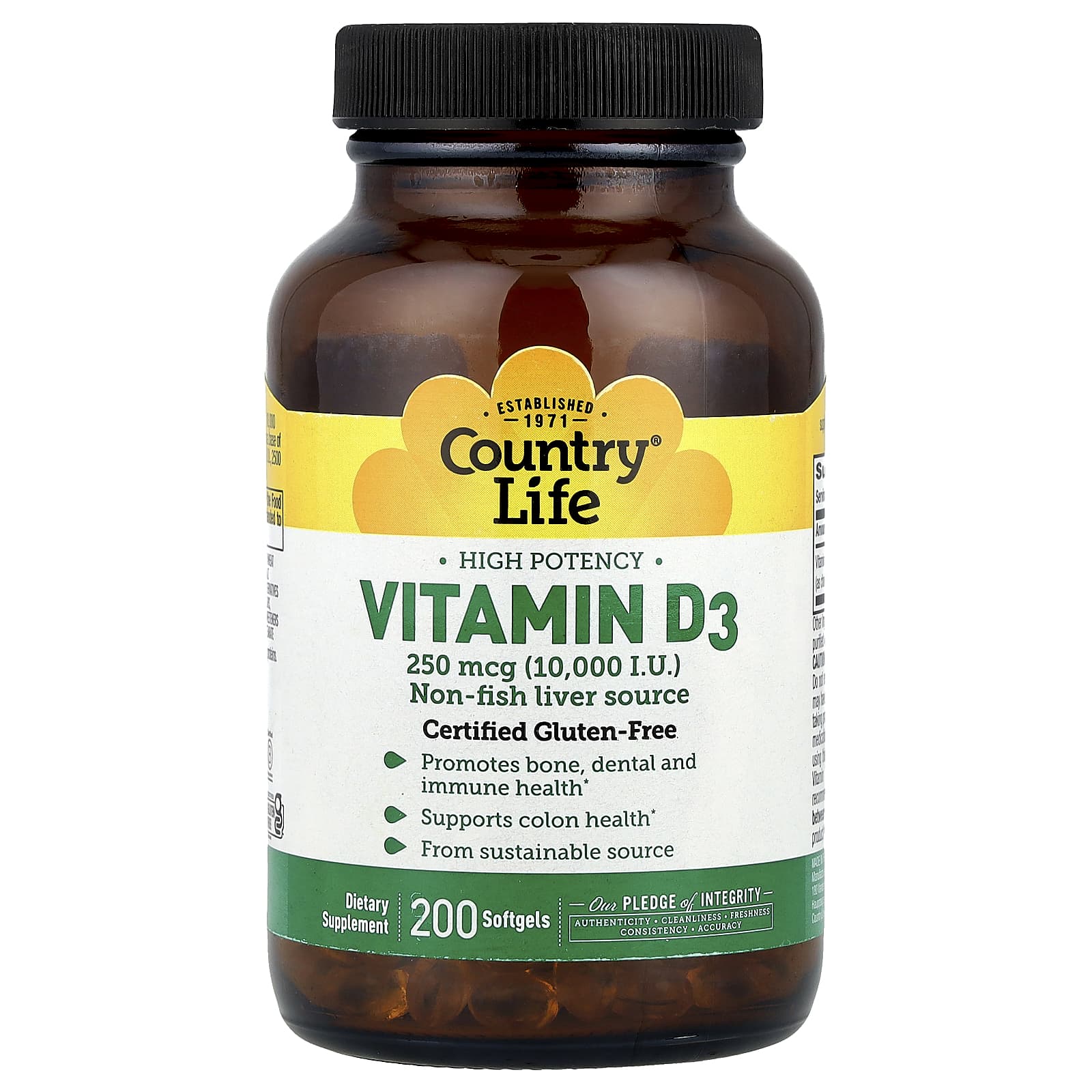 Country Life, Vitamin D3, High Potency, 250 mcg (10,000 IU), 200 Softgels