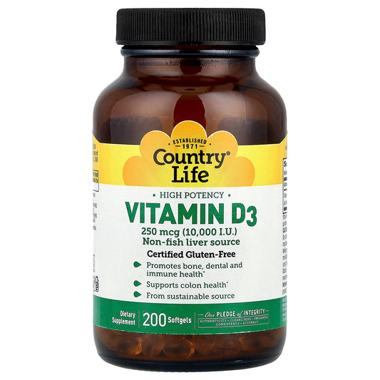 Country Life, Vitamin D3, High Potency, 250 mcg (10,000 IU), 200 Softgels