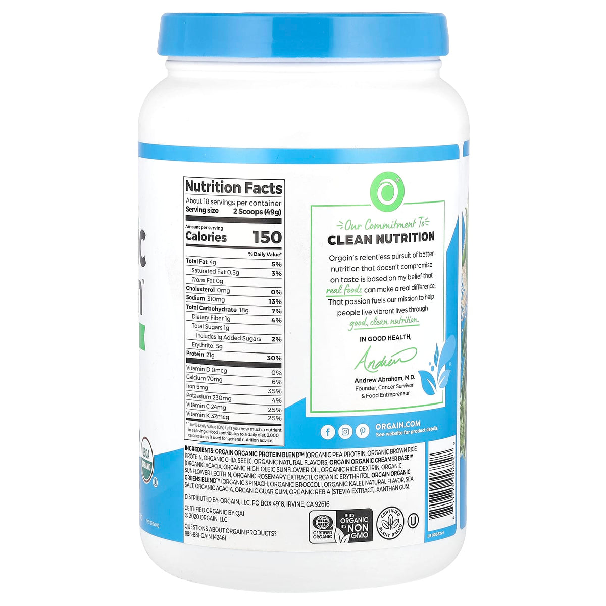 Orgain Protein + Greens Protein Powder, Plant-Based, Bean 1.94 lb (882 g)