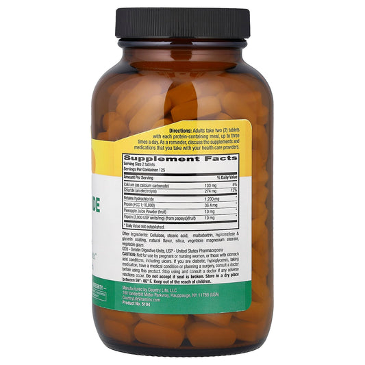 Country Life, Betaine Hydrochloride with Pepsin, 250 Tablets