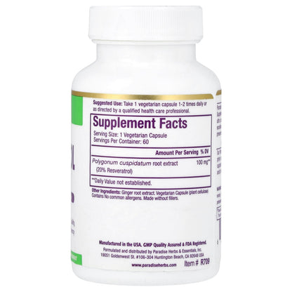 Paradise Herbs Resveratrol Extract 100 mg per Capsule 60 Veg Caps