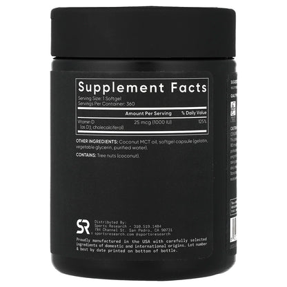 Sports Research Vitamin D3 25 mcg (1,000 IU) 360 Softgels