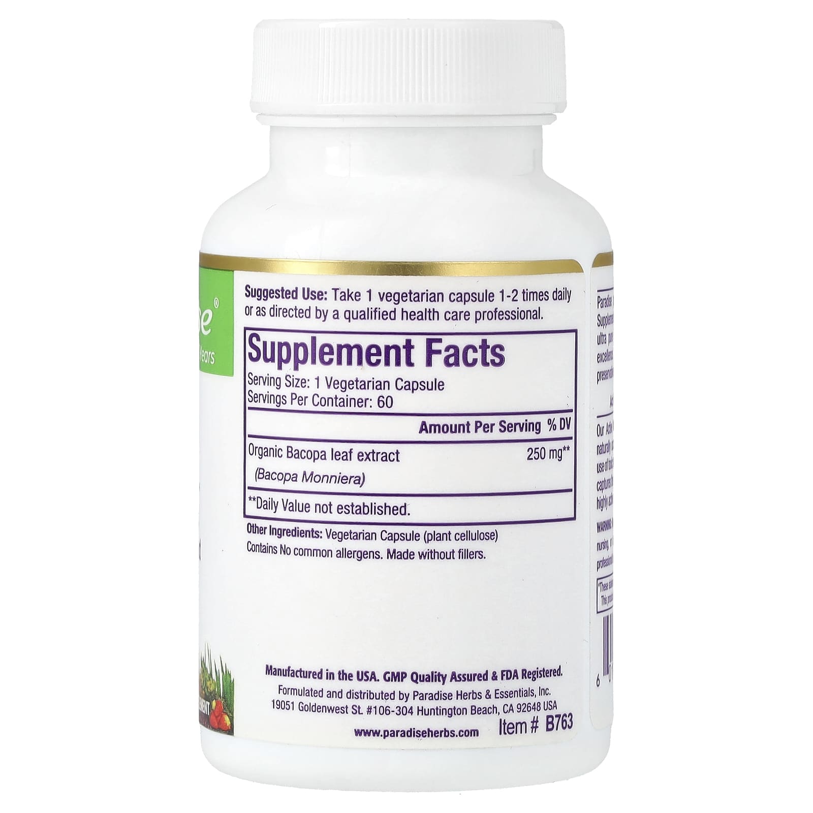 Paradise Herbs, Bacopa, 60 Vegetarian Capsules (250 mg per Capsule)