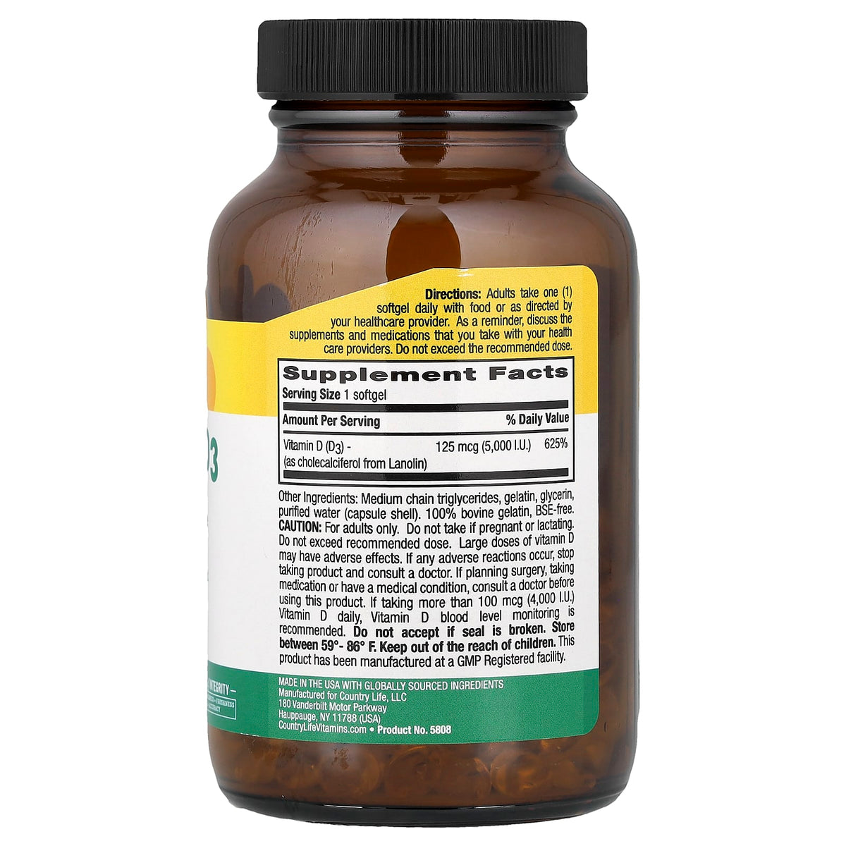 Country Life Vitamin D3 125 mcg (5,000 IU) 200 Softgels