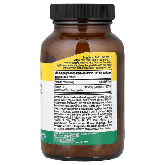 Country Life Vitamin D3 125 mcg (5,000 IU) 200 Softgels