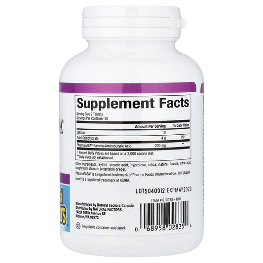 Natural Factors, Stress-Relax®, PharmaGABA®, 60 Chewable Tablets (100 mg per Tablet)