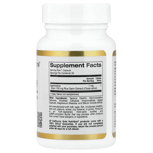 California Gold Nutrition, Spermidine, Rice Germ Extract, 1 mg, 30 Veg Capsules