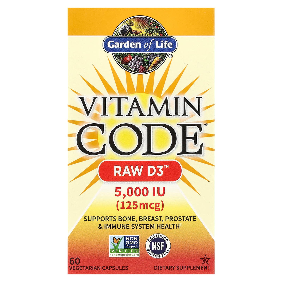Garden of Life, Vitamin Code, RAW D3, 125 mcg (5,000 IU), 60 Vegetarian Capsules