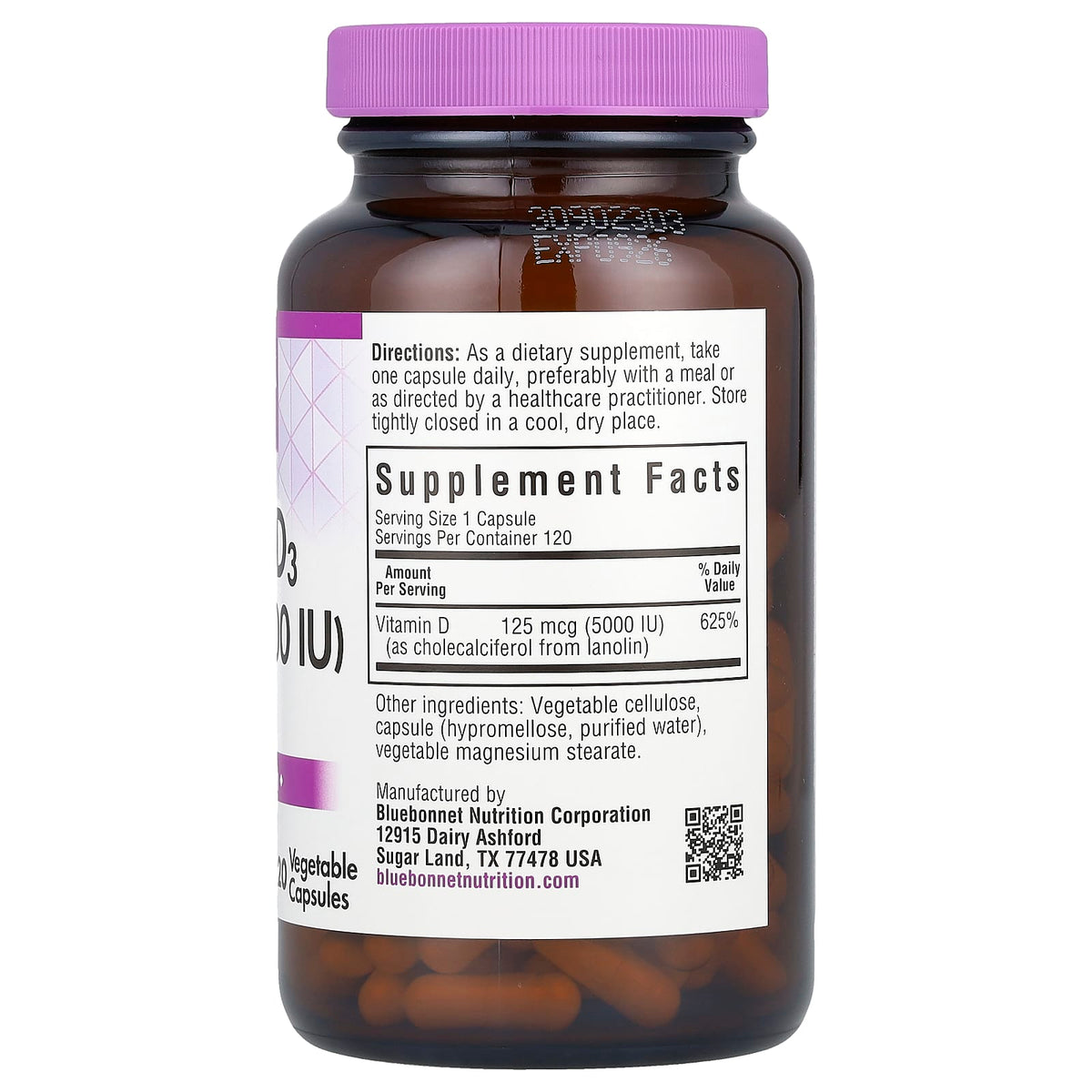Bluebonnet Nutrition, Vitamin D3, 125 mcg (5,000 IU), 120 Vegetable Capsule
