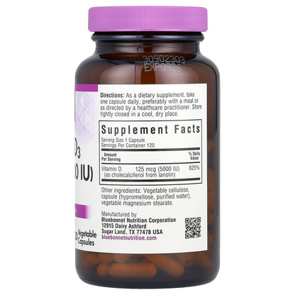Bluebonnet Nutrition, Vitamin D3, 125 mcg (5,000 IU), 120 Vegetable Capsule