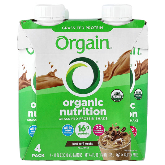 Orgain, Organic Nutrition, Grass-Fed Protein Shake, Iced Cafe Mocha, 4 Pack, 330 ml (11 fl oz) Each