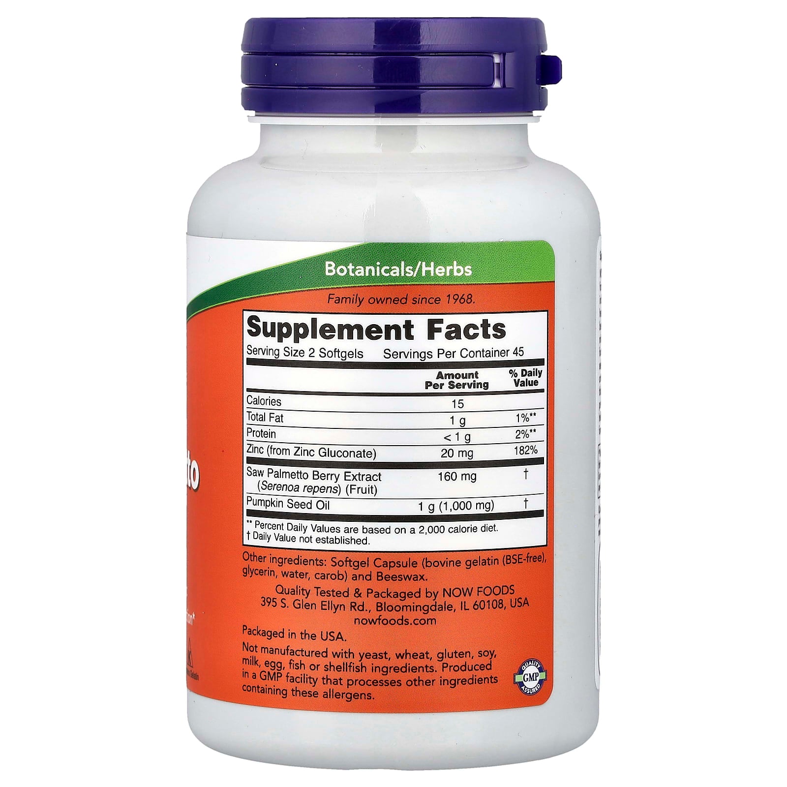 NOW Foods, Saw Palmetto Extract, With Pumpkin Seed Oil and Zinc, 160 mg, 90 Softgels
