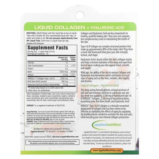 Applied Nutrition, Liquid Collagen + Hyaluronic Acid, 10 Liquid-Tubes, 3.35 fl oz (100 ml)