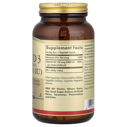 Solgar, Vitamin D3 (Cholecalciferol), 125 mcg (5,000 IU), 240 Vegetable Capsules