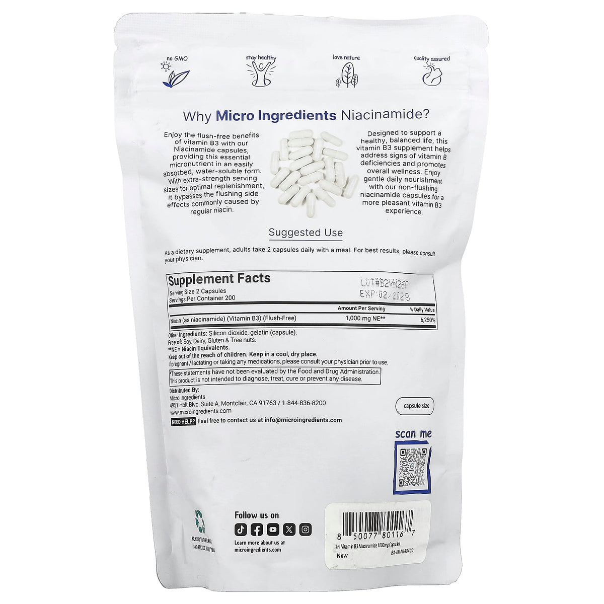 Micro Ingredients Niacinamide (Vitamin B3) 500 mg 400 Caps