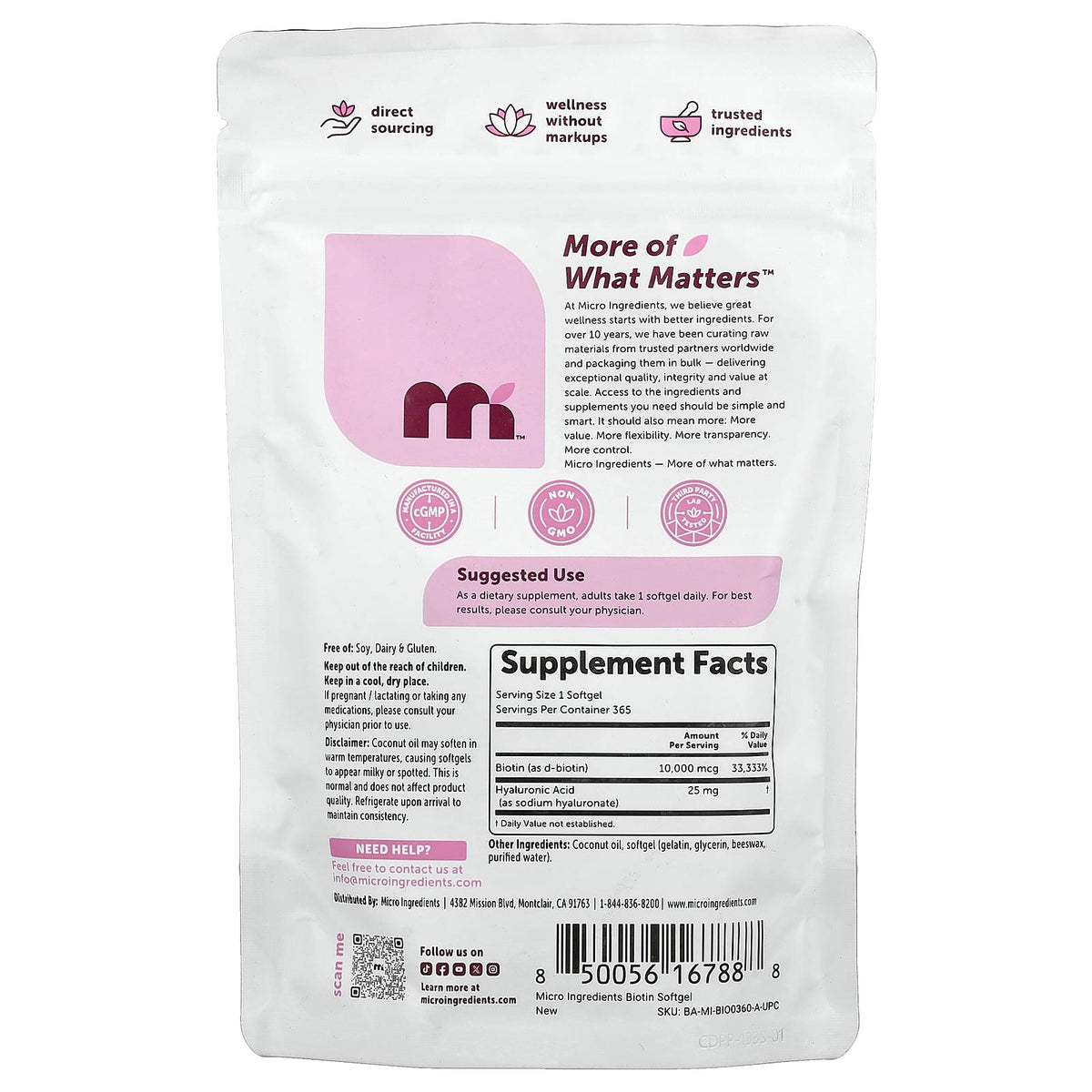 Micro Ingredients Biotin with Hyaluronic Acid 365 Softgels