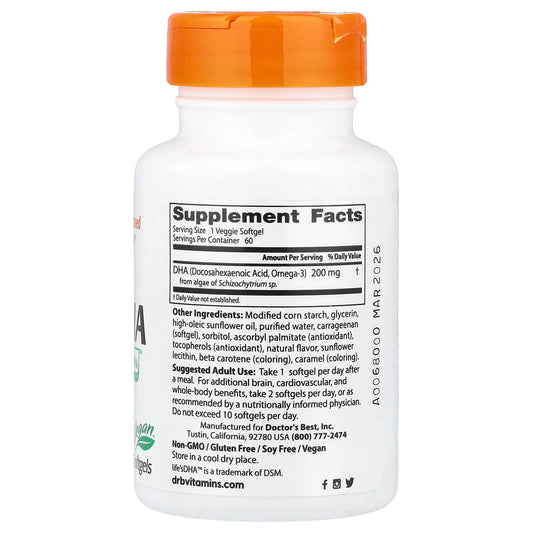 Doctor's Best, Vegan DHA from Algae with Life's DHA™, 200 mg, 60 Veggie Softgels
