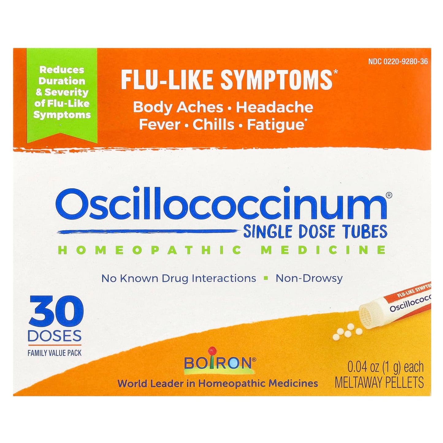 Boiron, Oscillococcinum, Flu-Like Symptoms, Age 2 & Up, 30 Quick-Dissolving Pellets, 0.04 oz Each