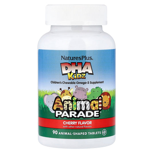 NaturesPlus, Animal Parade®, DHA Kids, Children's Chewable Omega-3 Supplement, Cherry, 90 Animal-Shaped Tablets