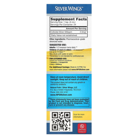 Natural Path Silver Wings, Colloidal Silver, Extra Strength, 500 PPM, 4 fl oz (120 ml)
