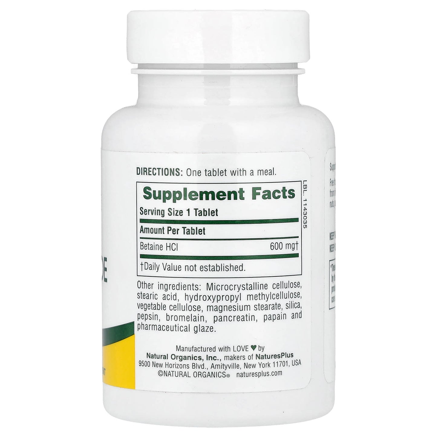 NaturesPlus, Betaine Hydrochloride, 600 mg, 90 Tablets