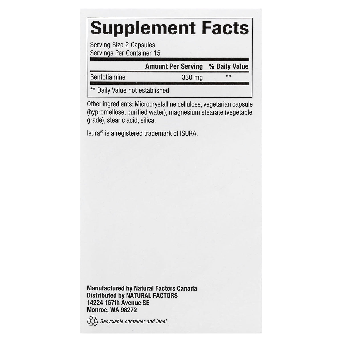 Natural Factors Benfotiamine 165 mg 30 Veg Caps