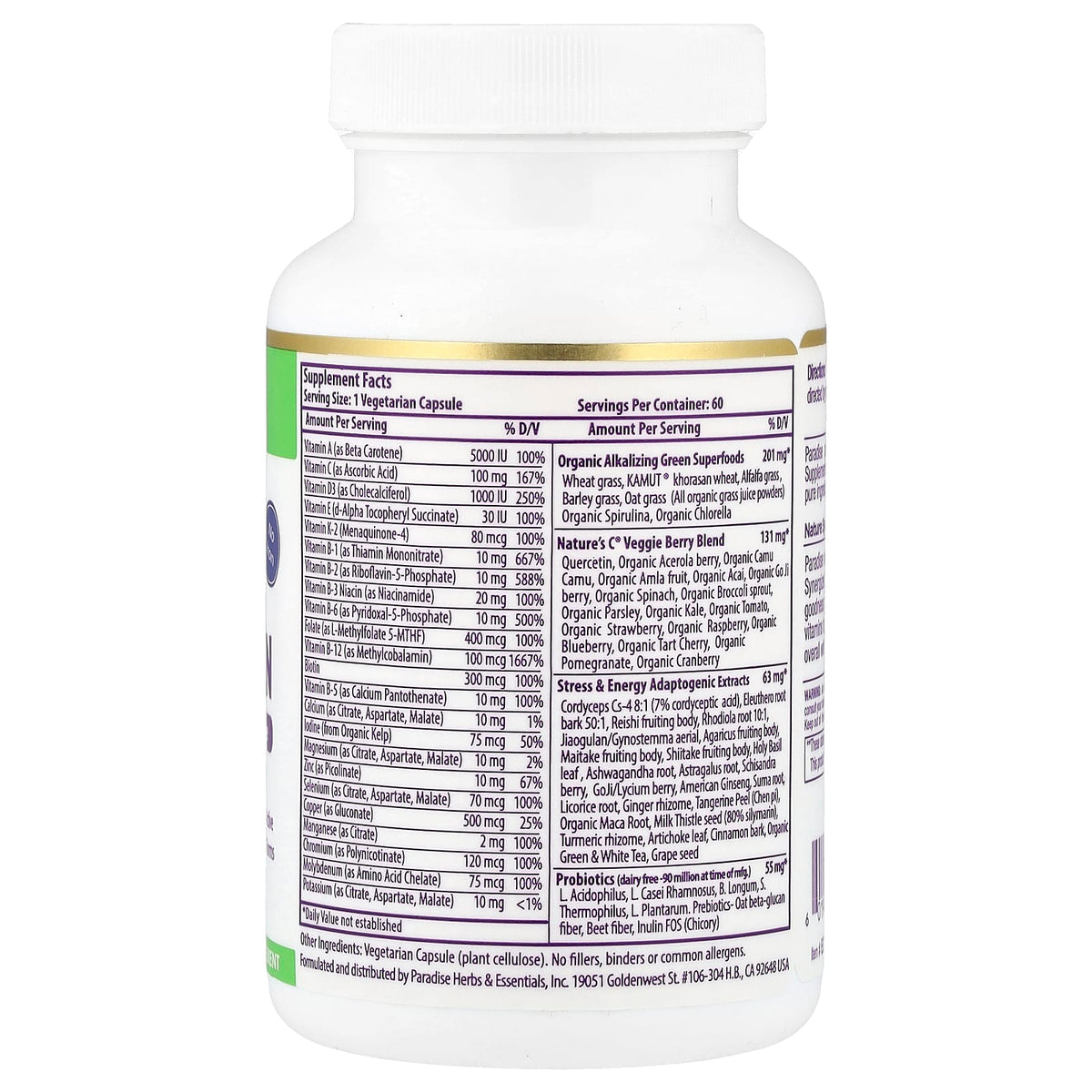 Paradise Herbs, Earth's Blend, One Daily Superfood Multi-Vitamin, No Iron, 60