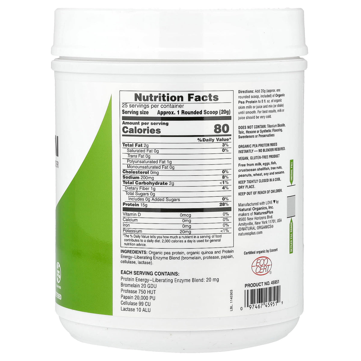 Nature's Plus, Organic Pea Protein Powder, 1.10 lbs (500 g)