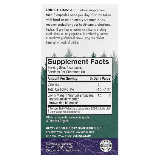 Host Defense, Mushrooms, Lion's Mane, 120 Capsules (0.5 g per Capsule)
