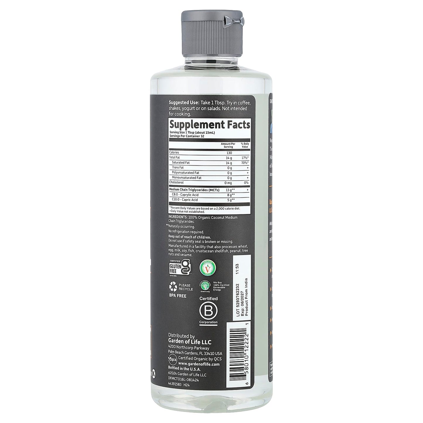Garden of Life, Dr Formulated Brain Health, 100% Organic Coconut MCT Oil, Unflavoured, 16 fl oz (473 ml)