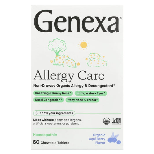 Genexa, Allergy Care, Non-Drowsy Organic Allergy & Decongestant, Organic Acai Berry, 60 Chewable Tablets