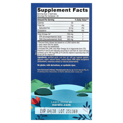 Nordic Naturals, Arctic Cod Liver Oil, Lemon, 750 mg, 90 Soft Gels
