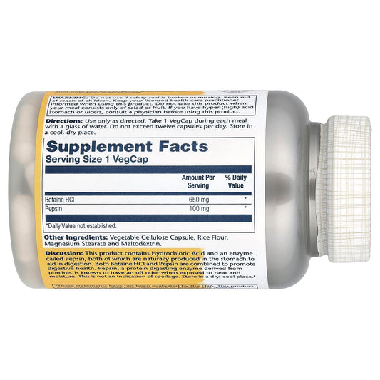 Solaray, High Potency Betaine HCl with Pepsin, 100 VegCaps