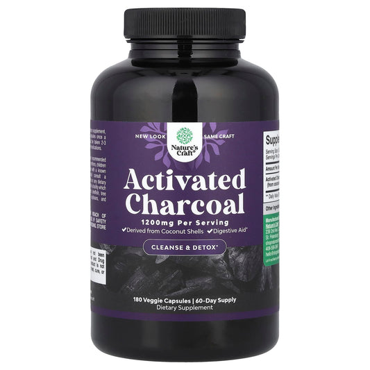 Nature's Craft, Activated Charcoal, 180 Veggie Capsules (400 mg per Capsule)