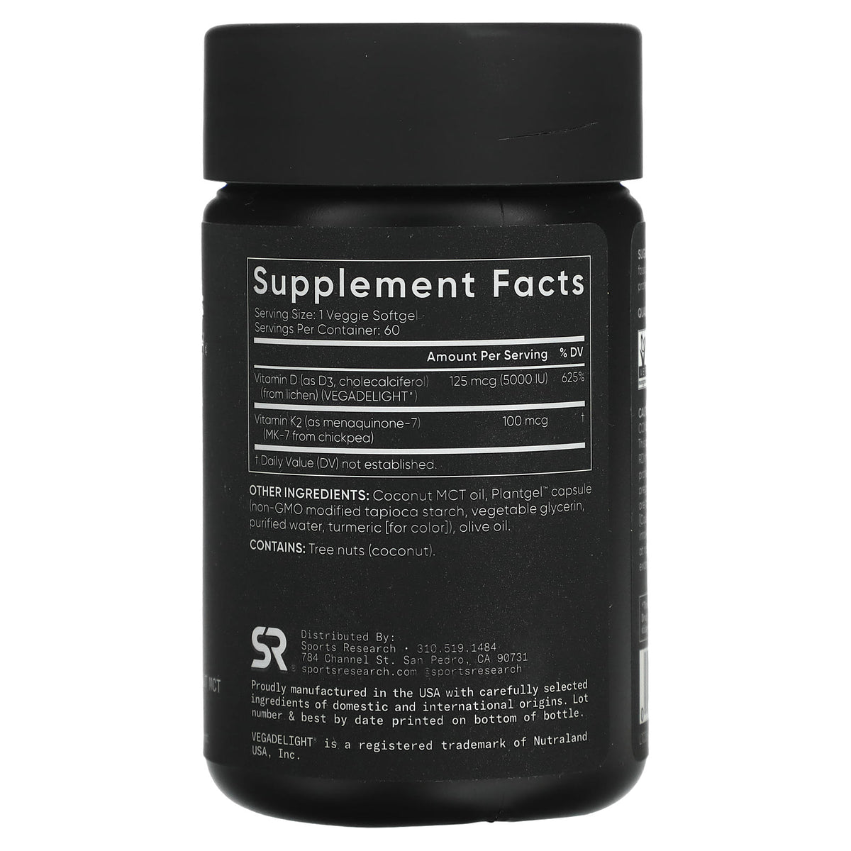 Sports Research D3 + K2, Plant Based, / 125 mcg 60 Softgels