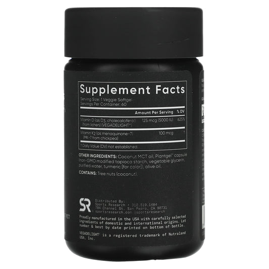 Sports Research D3 + K2, Plant Based, / 125 mcg 60 Softgels