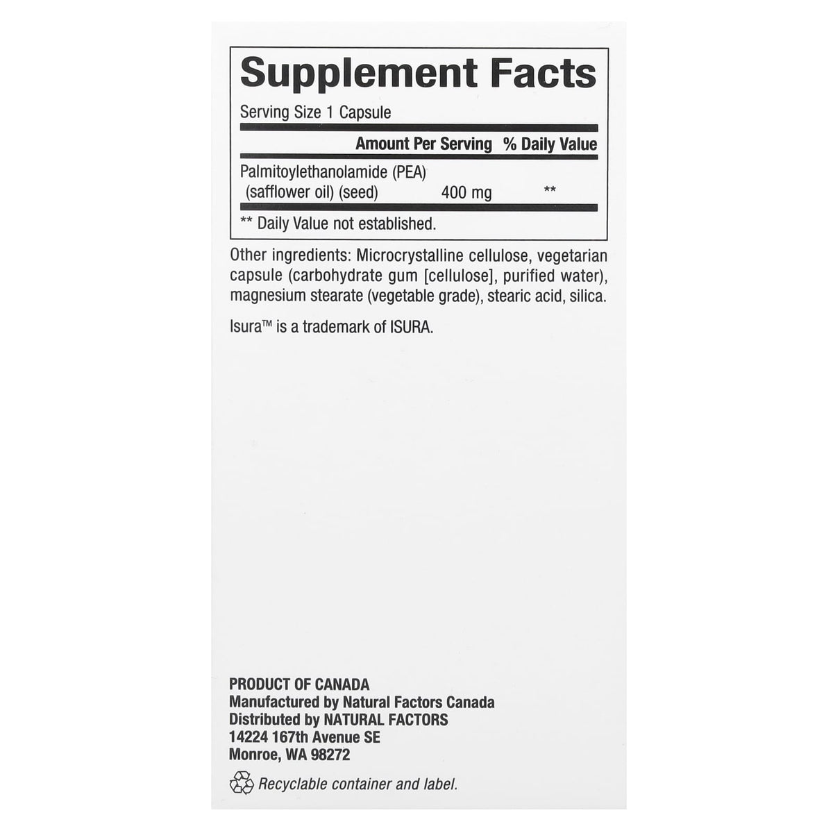 Natural Factors, PEA, 400mg, Palmitoylethanolamide, 90 Vegetarian Capsules