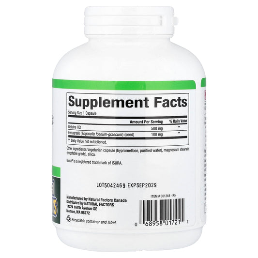 Natural Factors Betaine Hydrochloride Fenugreek 500 mg 180 Vegetarian Capsules