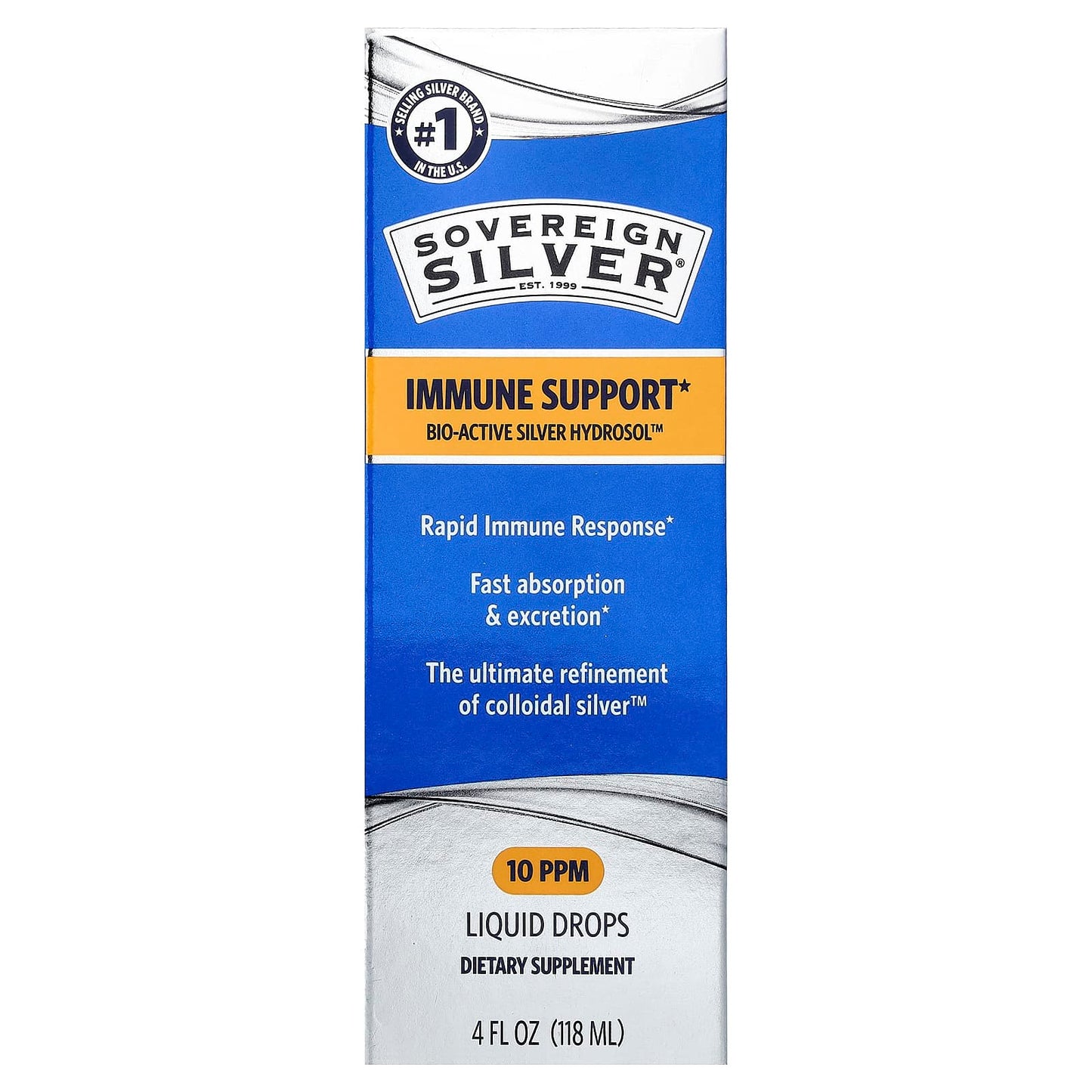 Sovereign Silver, Bio-Active Silver Hydrosol, Dropper-Top, Daily + Immune Support, 10 PPM, 4 fl oz (118 ml)