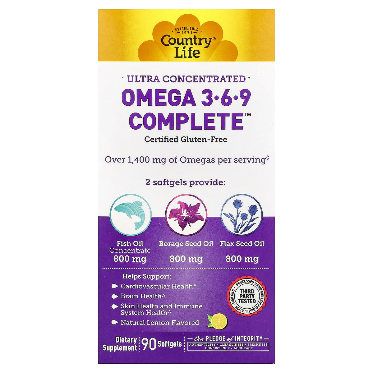 Country Life, Ultra Concentrated Omega 3-6-9 Complete. Natural Lemon, 90 Softgel