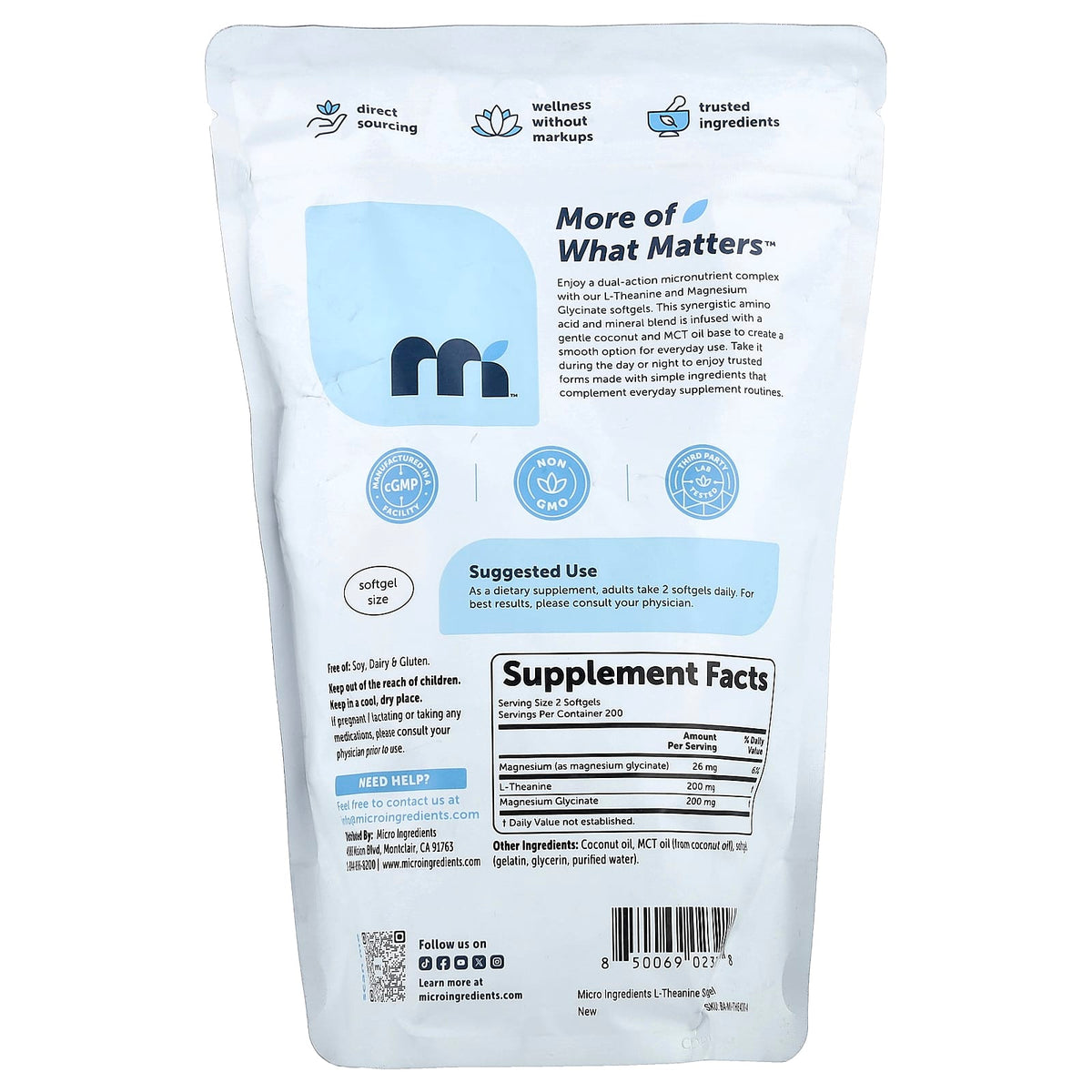 Micro Ingredients, L-Theanine Plus Magnesium Glycinate, 400 Softgels
