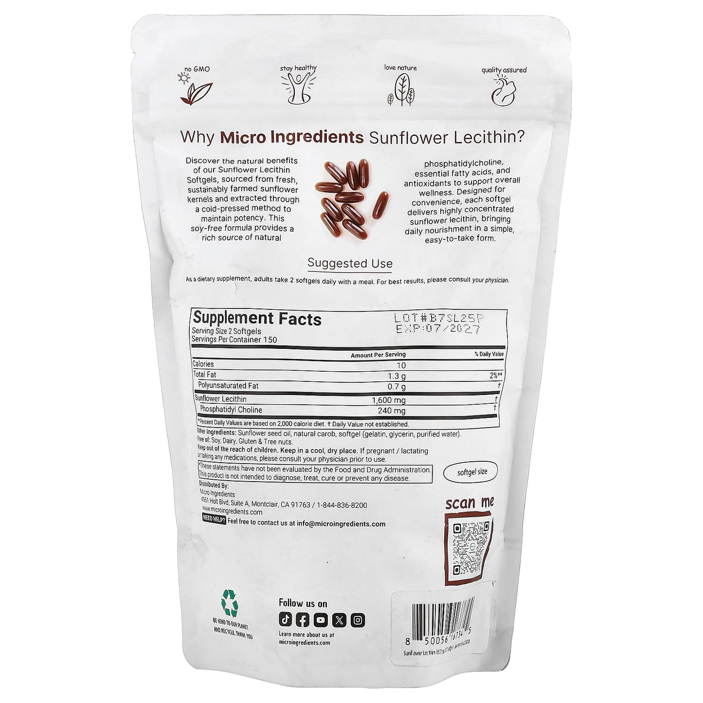 Micro Ingredients, Sunflower Lecithin, 300 Softgels (800 mg per Softgel)